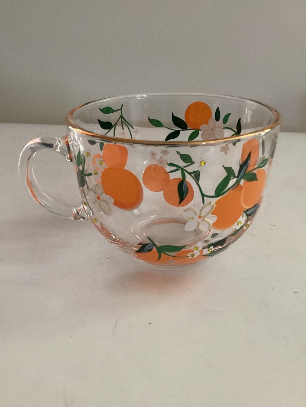 Clear Glass Handpainted Large Size Tea/coffee mug in orange blossom design